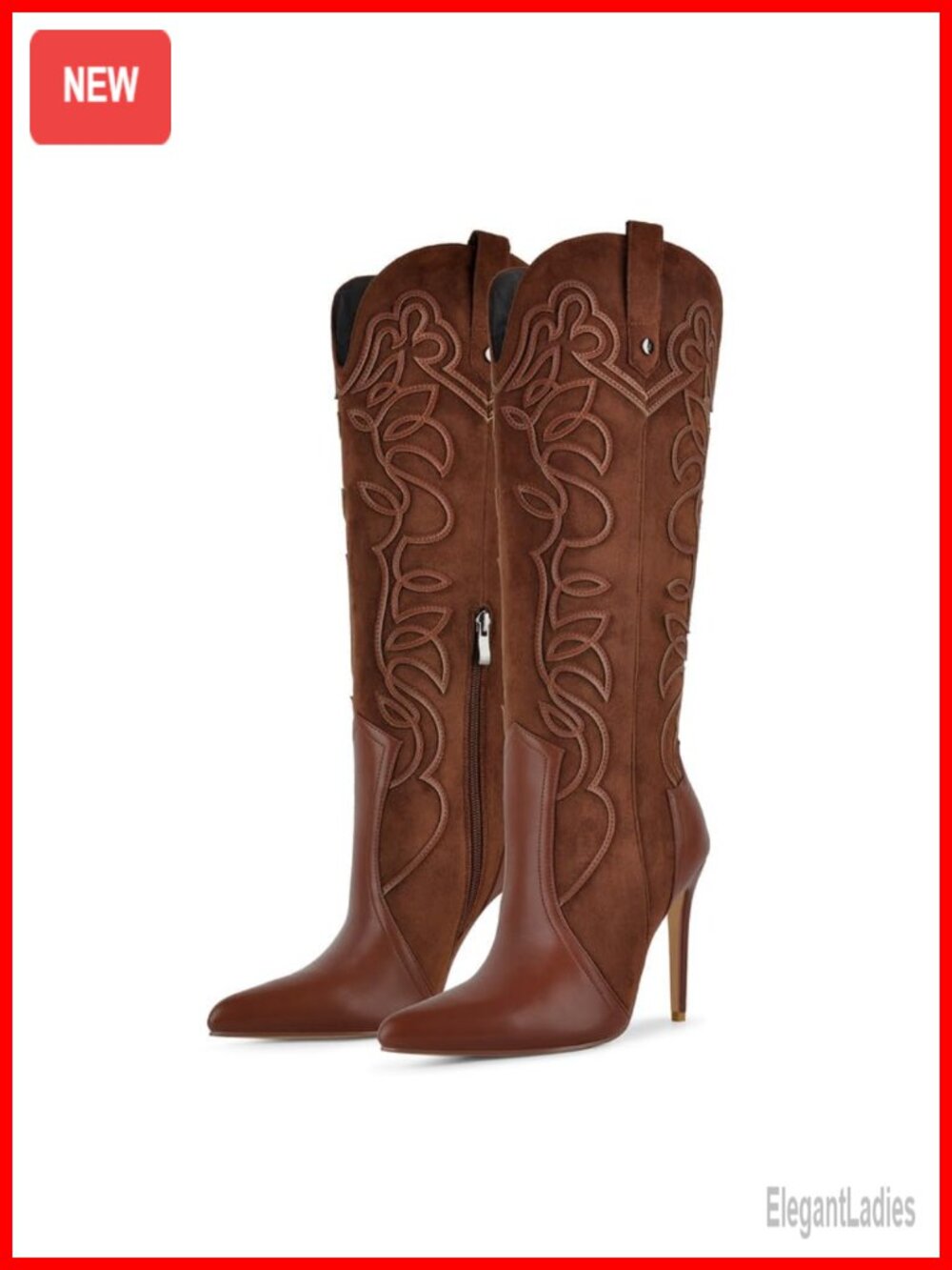 Western Cowgirl Embroidered Faux Suede Pointed Toe Stiletto Knee High Boots